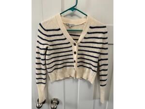 Madewell striped blue and cream cropped cardigan V-neck wool & cashmere size XS